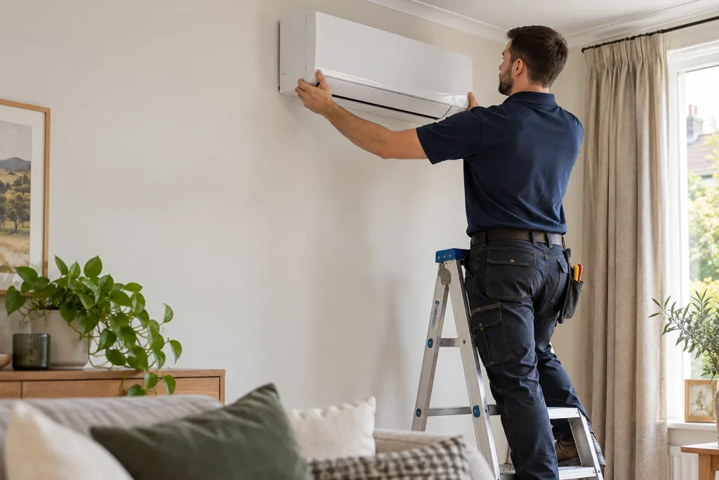 Polarkin installation illustration showing an installer fitting a wall unit with the bear mascot beside them.
