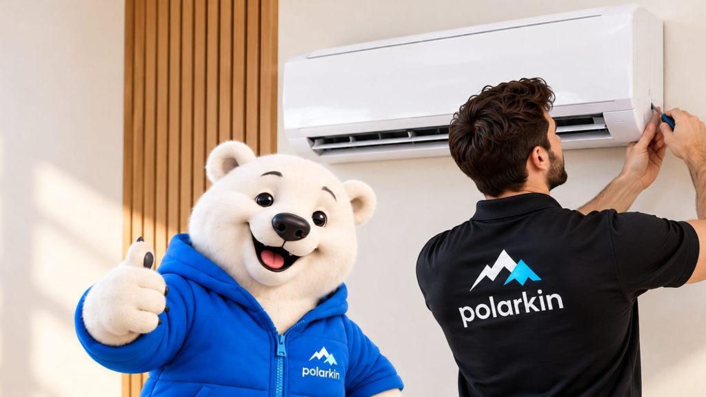Polarkin’s polar bear mascot in a comfortable living room with wall-mounted air conditioning.
